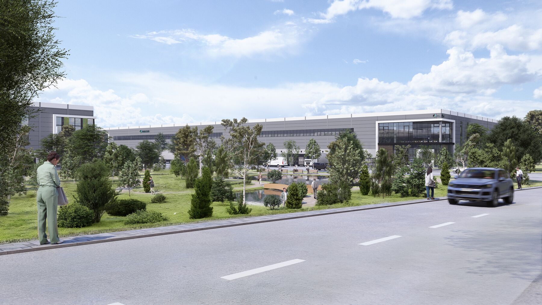 Prologis Park Dortmund DC4ward mit ParkLife und einem vorbeifahrenden Auto
