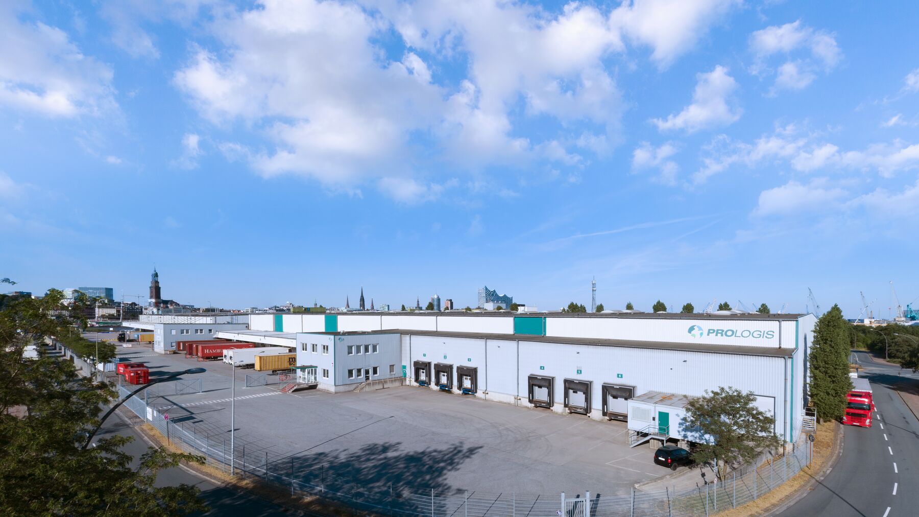 View on Prologis Park Steinwerder DC1 with the Hamburg Skyline in the back