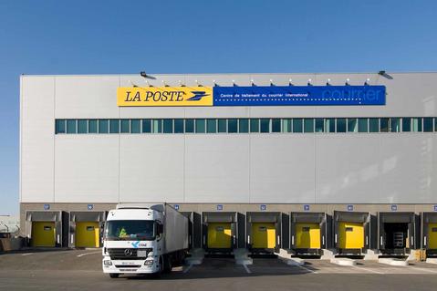 Logistics warehouse with trucks
