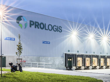 Exterior view of distribution center at dusk in Krefeld, Germany