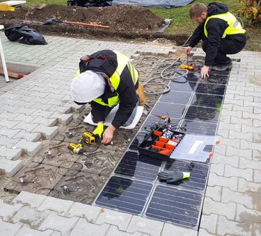 Installation of solar paving tiles at Prologis Park Budapest-Harbor, Hungary