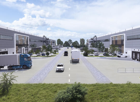 Haupteingänge und Laderampen von Halle A und Halle B