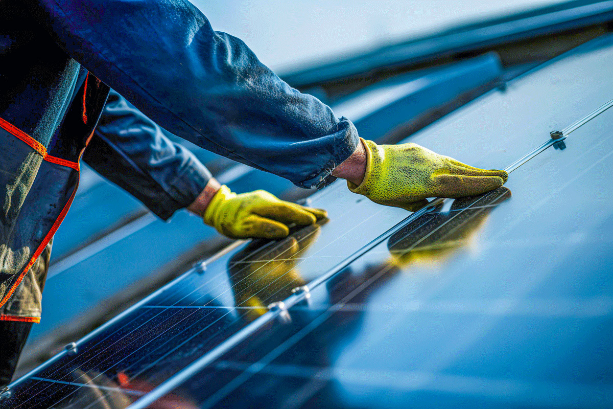 essentials-energy-sustainability-right.jpg Zwei Hände in gelben Handschuhen montieren Solarmodule auf einem Lagerdach