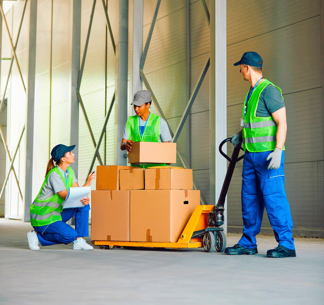 essentials-workforce-right.jpg Drei Leute in Sicherheitswesten in einem Lager, die einen Palettenheber mit Kisten betrachten